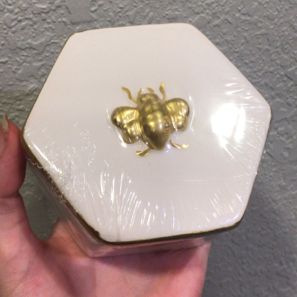 New Bee Themed Gold and White Glass Jewelry Box